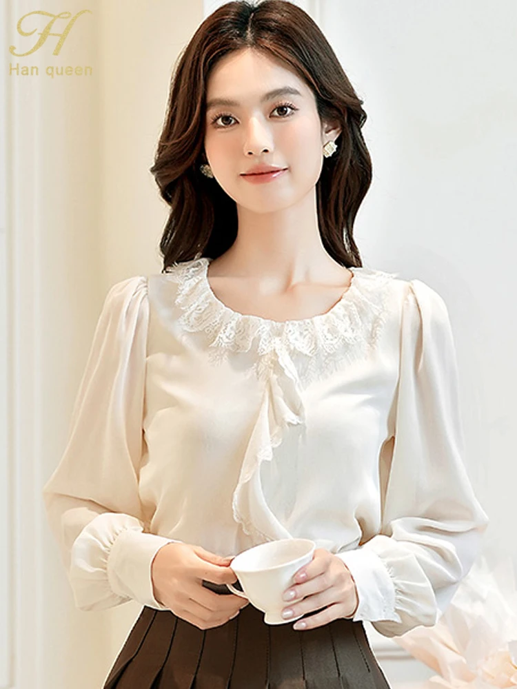 

H Han Queen Autumn Women's Clothing Ruffles Vintage Top Chiffon Elegant Simple Work Casual Long Sleeve Sleeve Shirts And Blouses