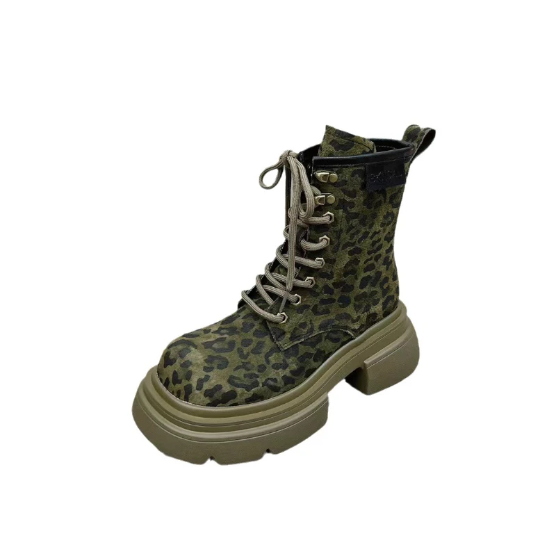 Botas mujer 2025 tendencia motocicleta estampado de leopardo bota de mujer nueva bota de tobillo Popular de gama alta suela gruesa zapatos de mujer cómodos