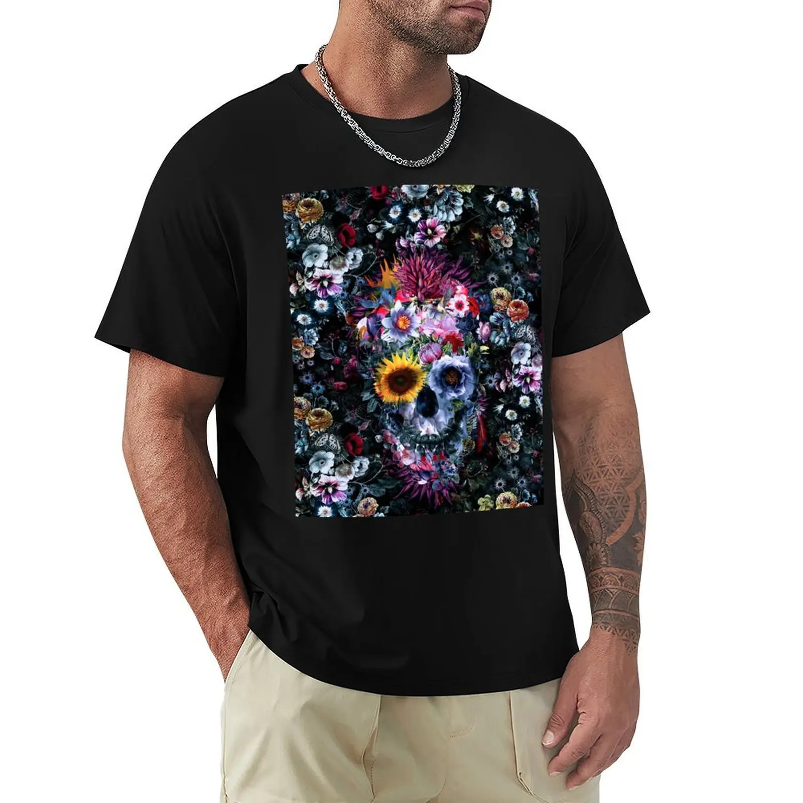 VOODOO SKULL FLORAL T-Shirt Casual Basic Street Style T-Shirt