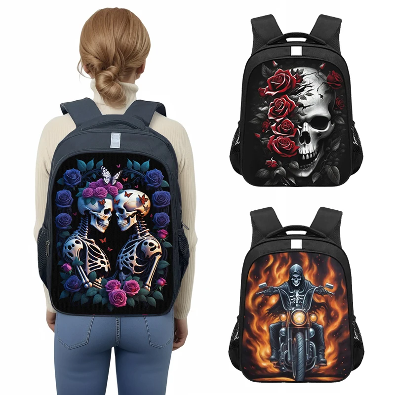 Horror Grim Reaper Riding Motorcycle Backpack Skull Rose Butterfly Gothic Children School Bags Teenager Rucksack Laptop Bag Gift