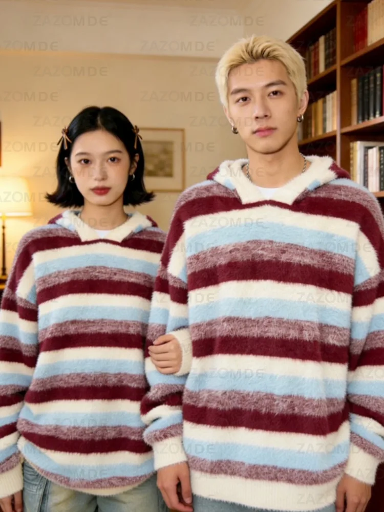 ZAZOMDEUnisex الأحمر مخطط معطف بقلنسوة رجل إمرأة عادية الشارع الشهير متماسكة البلوز مزيج القطن الناعم للأزياء الحضرية اليومية