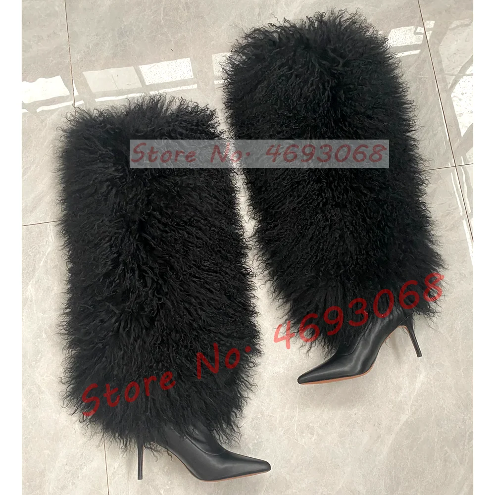 Fluffy Curly Lamb Fur Knee High Boots Women Pointy Toe Sexy Black Stiletto High Heels Party Shoes Ladies Winter Warm Snow Boots