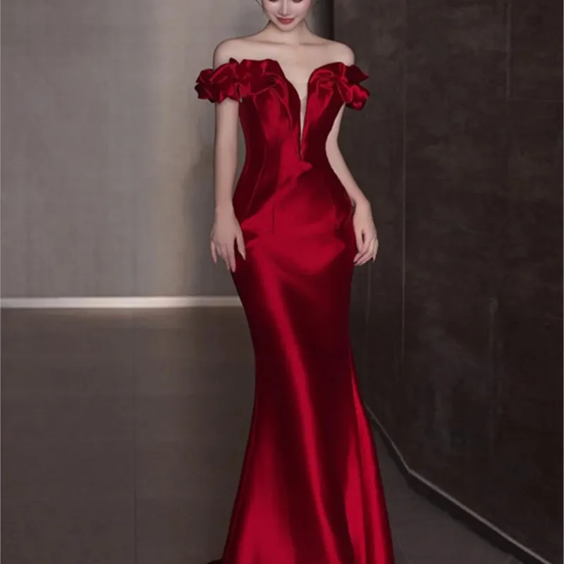 Satin fishtail Toast one-shoulder red appreciation Banquet host morning gown dress