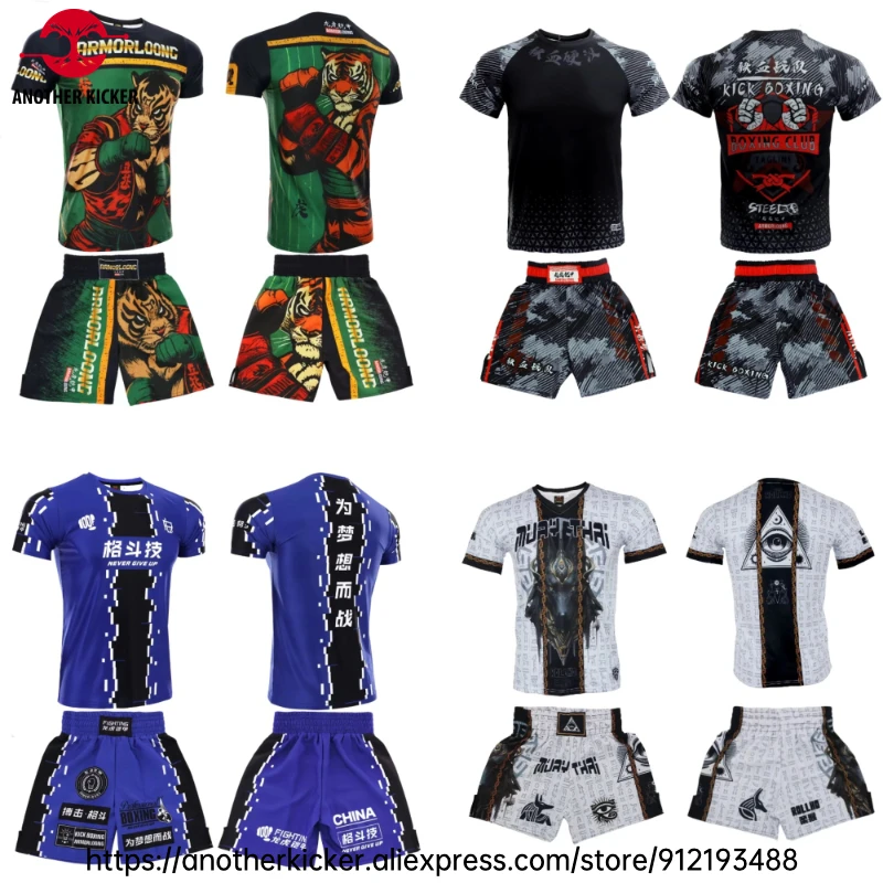 Fight Kickboxing Shorts and Rash Guard Set Quick Dry Muay Thai Boxing Shorts Matching T-Shirt Gym Team MMA BJJ Training Clothes