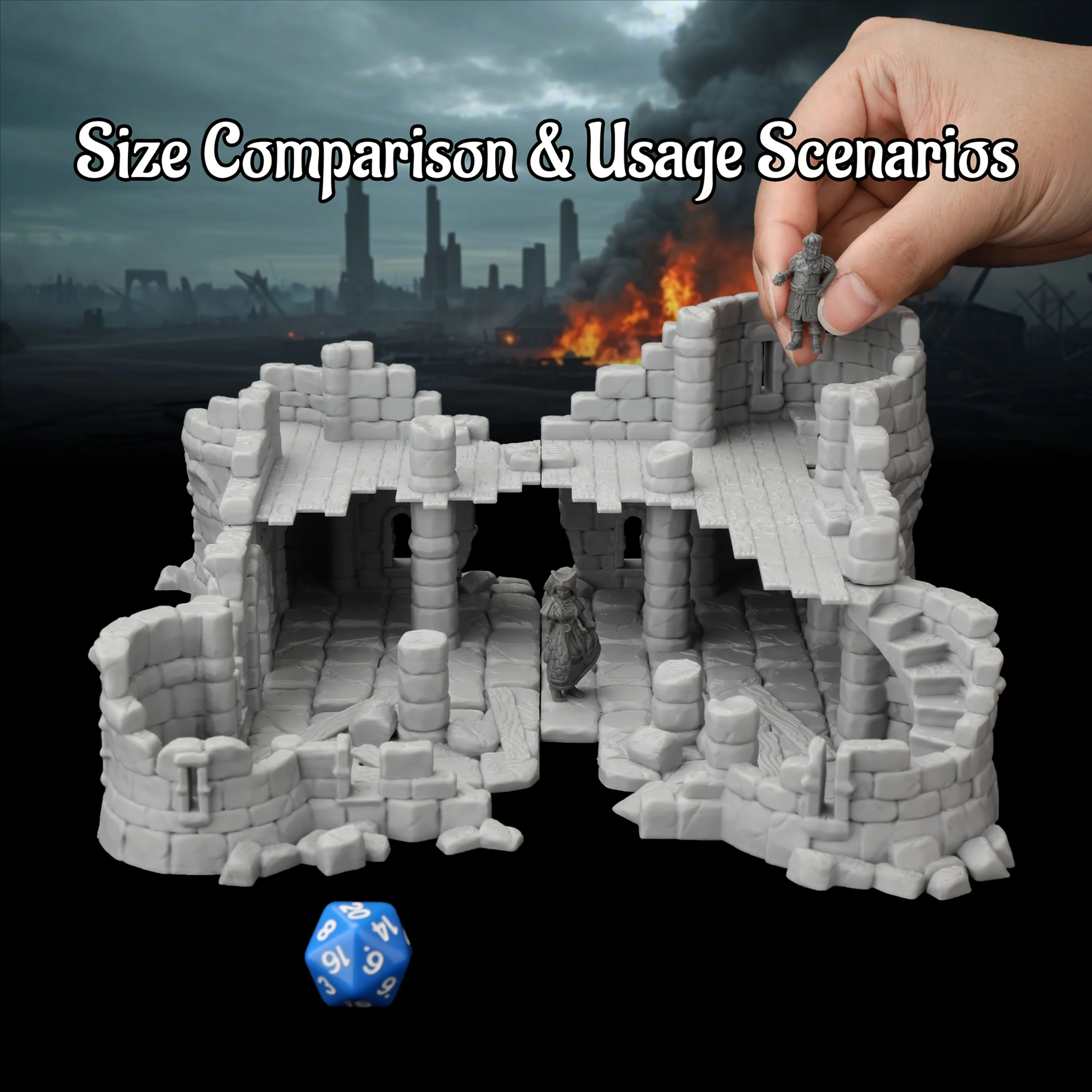 RPG Miniature Terrain Ruined Town Set, Abandoned Village Scenic Setting with Miniature Props for TTRPG, Fantasy Terrain Building