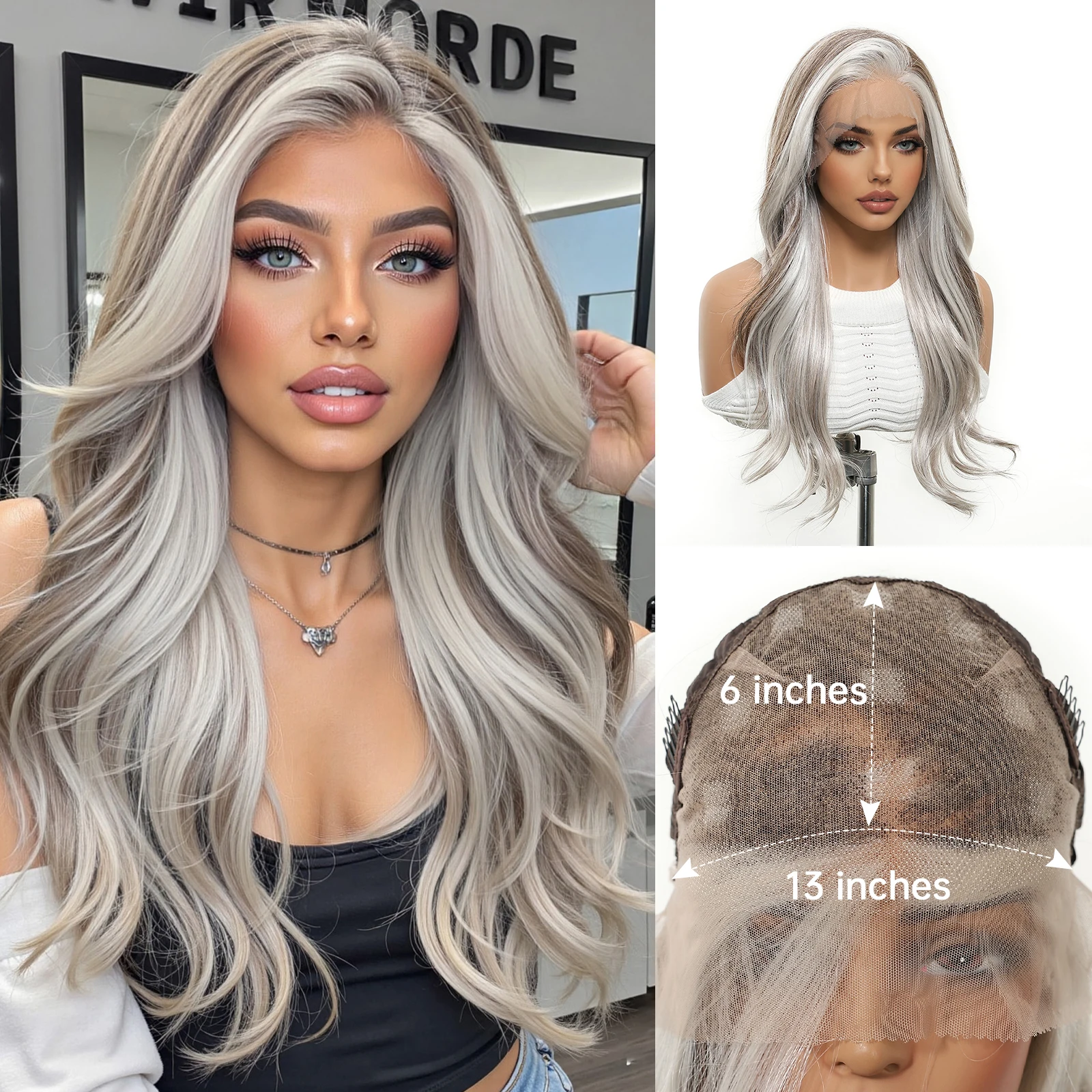 

Brown Silver Gray Ombre Middle Part Long Curly Lace Front Synthetic Wavy Wig for Women Heat Resistant Lace Frontal Wigs Daily