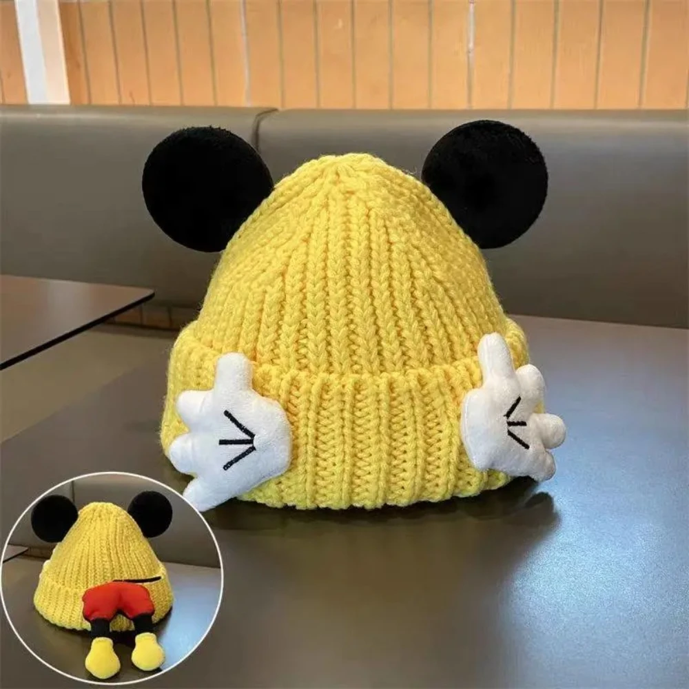 ديزني ميكي ماوس قبعة متماسكة مع آذان لطيف ميكي ماوس الهيب هوب قبعة مع تصميم الكرتون قبعة الشتاء الدافئة والرياح MINISO