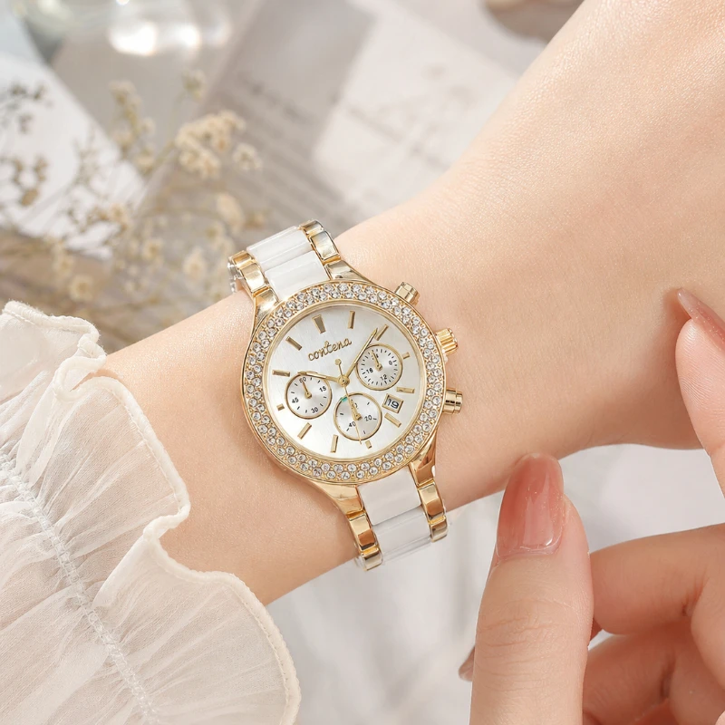 

Fashion CONTENA Women's Watch Luxury Diamond Chronograph Ladies Quartz Wrist Watch Elegant Dress Female Clock Gift montre femme