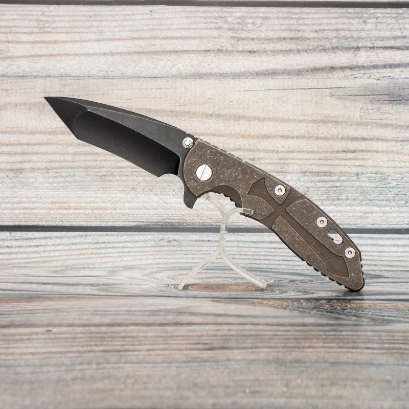 Custom Hinderer XM-18 Folding Knife CPM 20CV Blade Brown Titanium Handle Pocket EDC Survival Tools Brass Decoration EVIL EYES