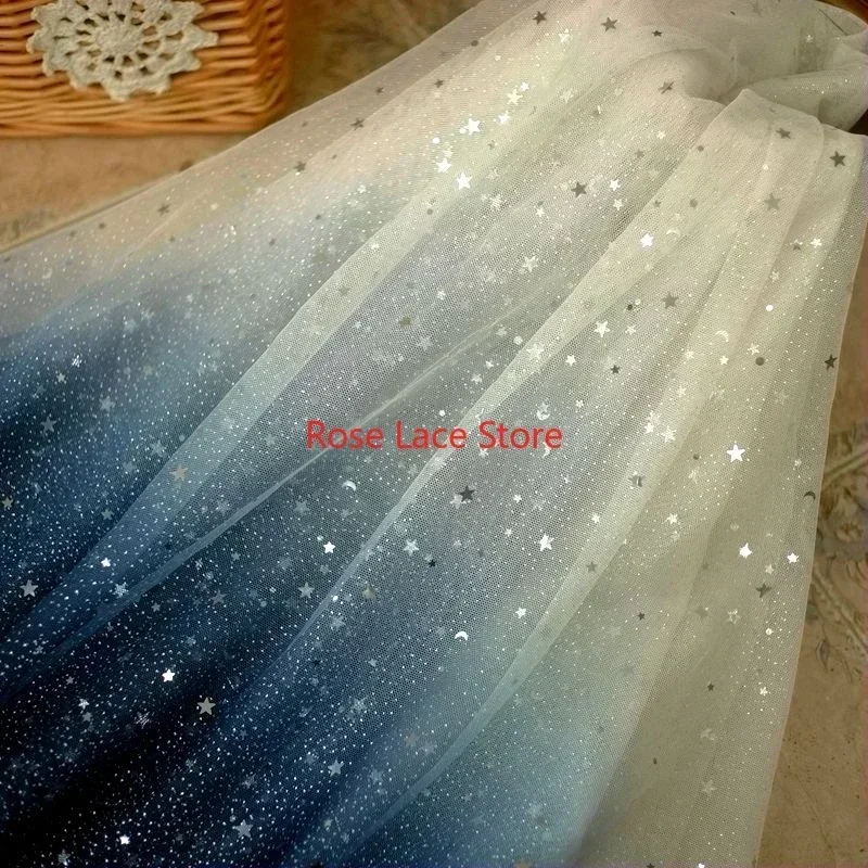5 colors Glitter star moon Gradient lace fabric dark blue sequin star soft tulle for Bridal Wedding dress 59" width 1 yard