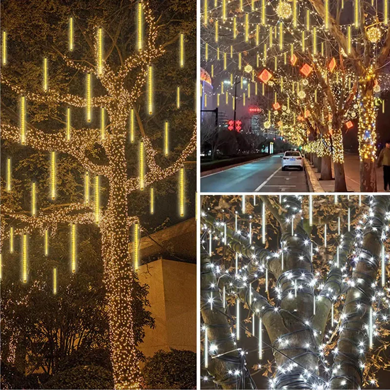 EU Plug/US Plug Meteor Shower String Light Outdoor Street Garden Wedding Christmas Tree Decoration LED Holiday Meteoric Lighting