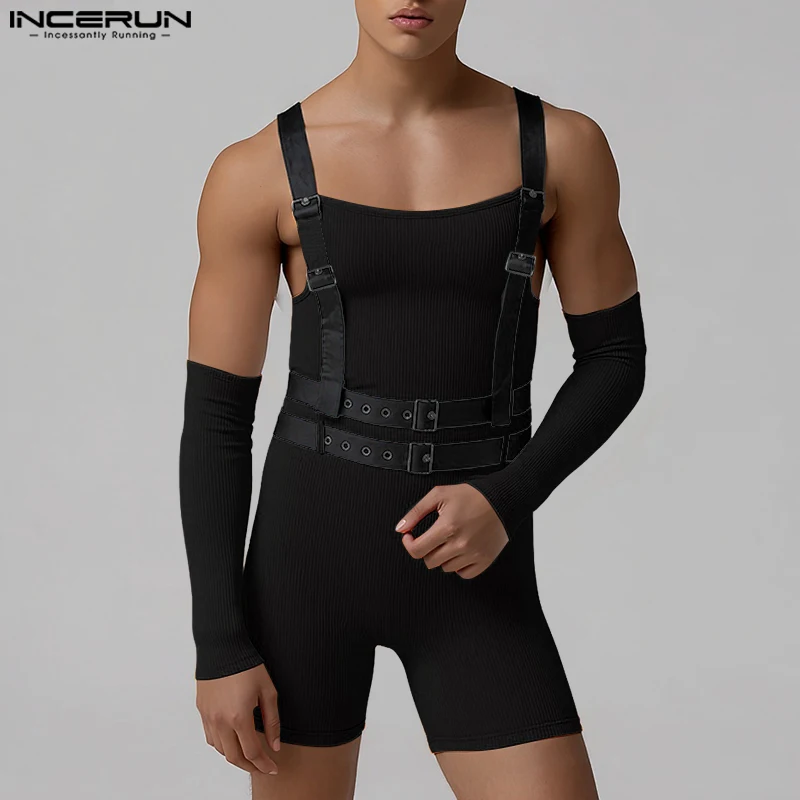 INCERUN Men Bodysuits Patchwork Knitted Men Straps Rompers Playsuits With Sleeve Workout 2025 Fashion Casual Male Bodysuit S-3XL