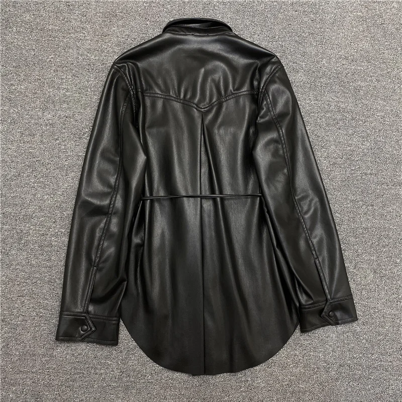 2023 Autumn and Winter Single Breasted Belt Long Sleeve Leather Shirt Woman