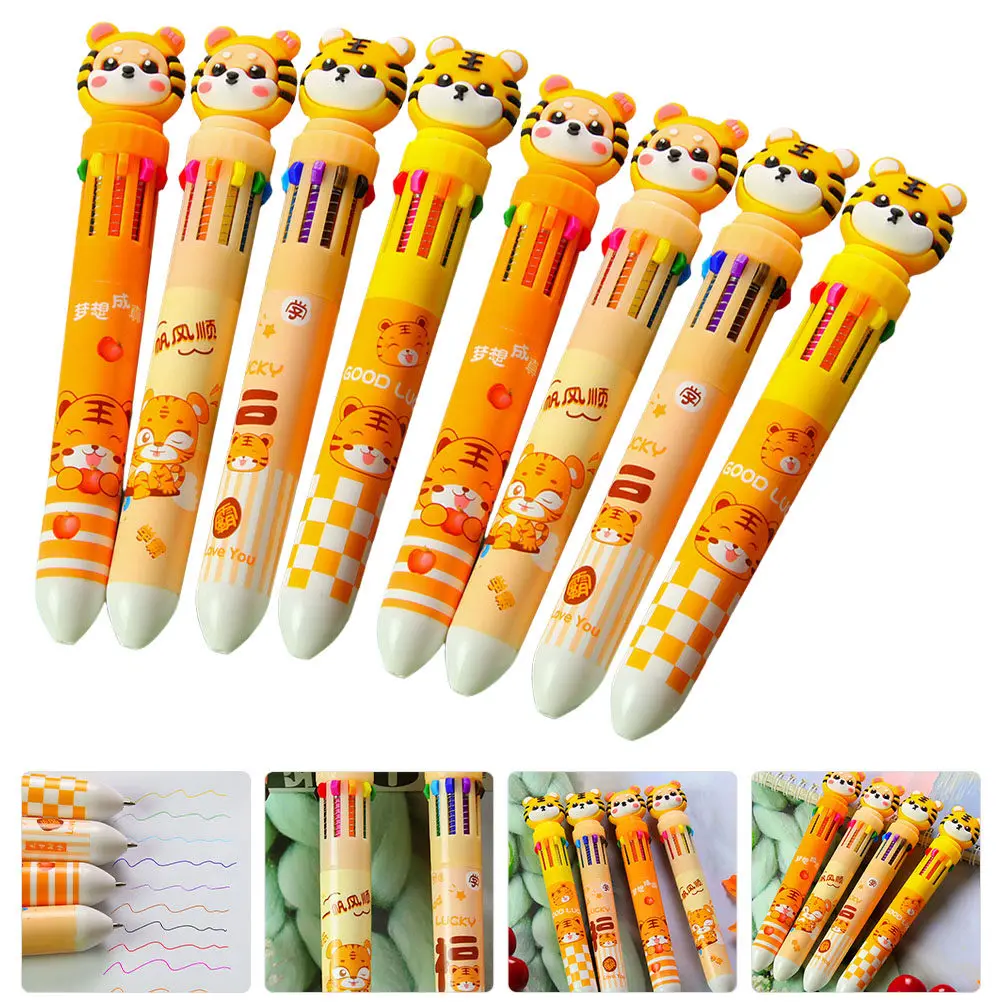 

8Pcs Multicolor Ballpoint Pens Cartoon Tiger Design Portable School Supplies Long-Lasting Plastic Silicone Multi Colored