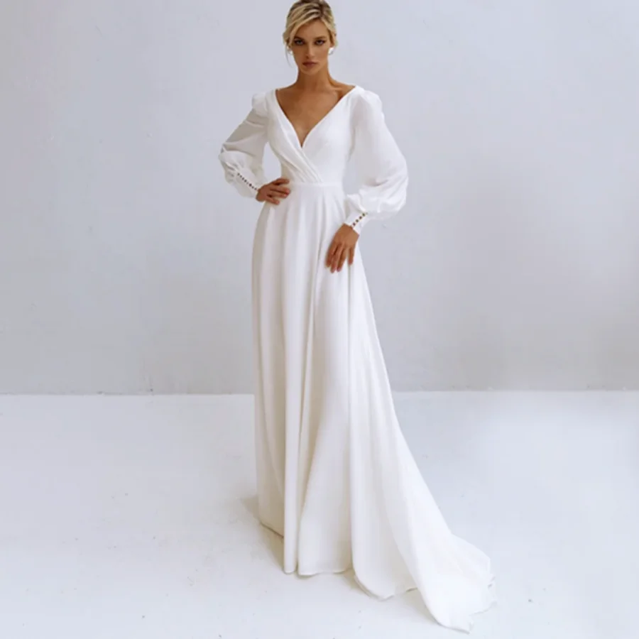 OUSIRUI V-Neck Wedding DressSimple Chiffom Bride Gown Backless Zipper Train Vestido  Long Sleeve A-Line Pleats Pears De Novia