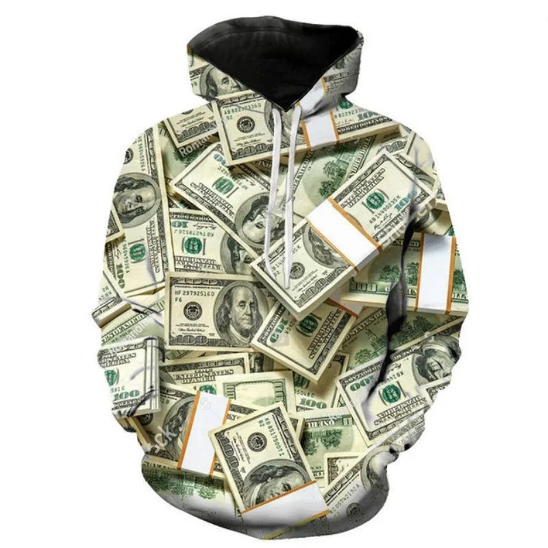 3D Printed Dollar Bill Hoodies For Men Personality Pattern Pullovers Casual Harajuku Hooded Loose Tops Sweatshirts Long Sleeves