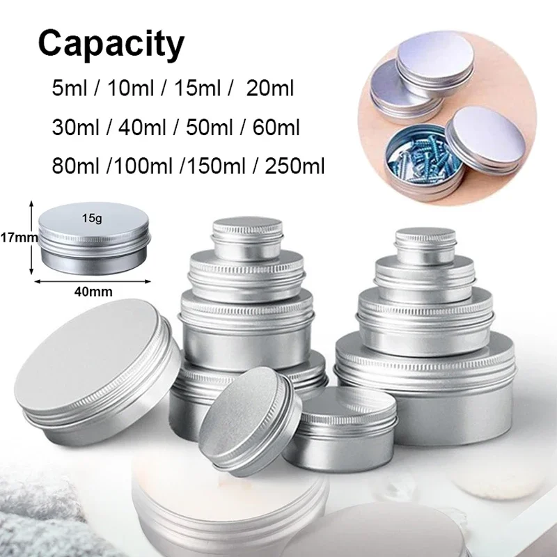 1/5/10pcs 5-250ml Empty Silver Aluminum Tins Cans Screw Top Round Candle Spice Tins Cans with Screw Lid Containers