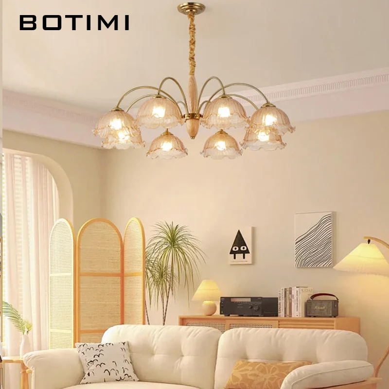 BOTIMI Handmade Glasses Chandeliers Master Bedroom Chandelier Lighting Fixtures Home Decorative Wooden Hanging Lights