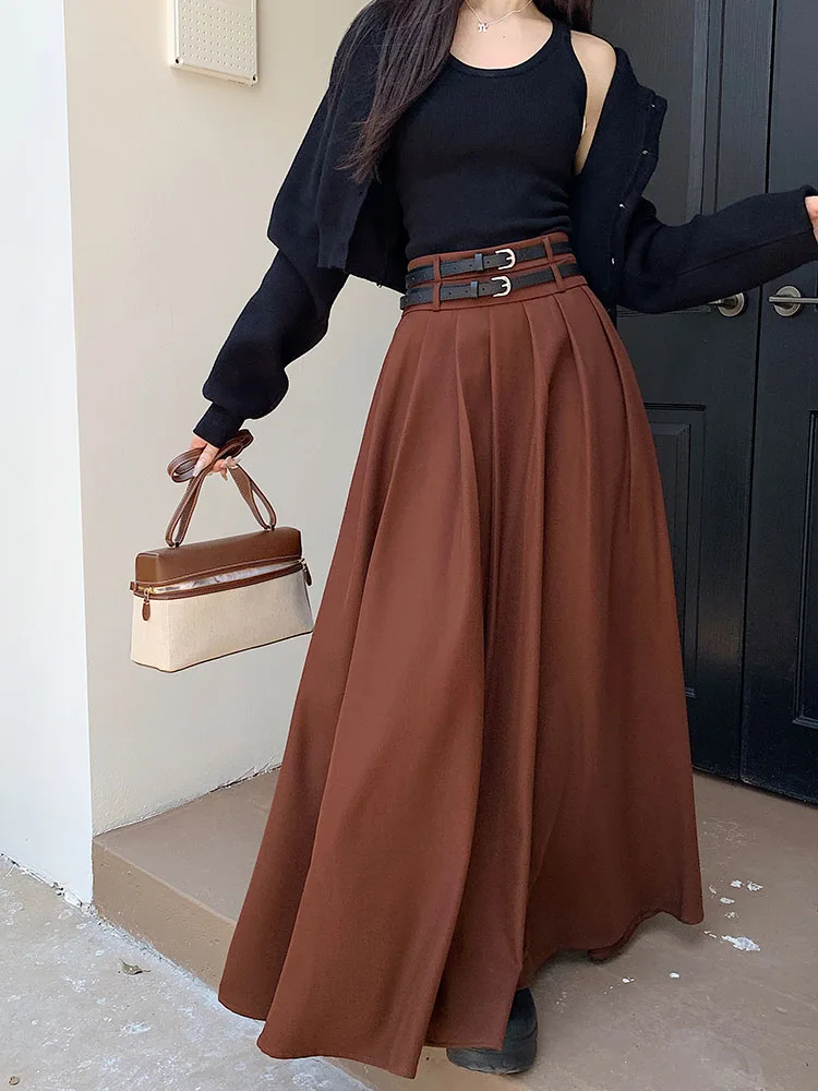 高品質 大きめスイングスーツスカート レディース エレガント Aライン プリーツスカート ベルト付き 韓国ファッション ブラック グレー ロングスカート 2025年新作