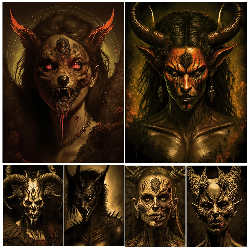 The Portrait Of The Devil With Long Horns Vintage Wall Art Canvas Print Abstract Demon Head Art Poster And Print Home Decoration