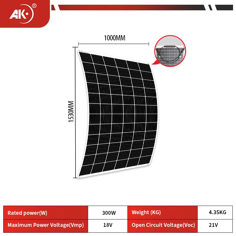 AK 300W flexible solar panel 21v 18v high efficiency battery charger module is suitable for camping car boat RV solar panel