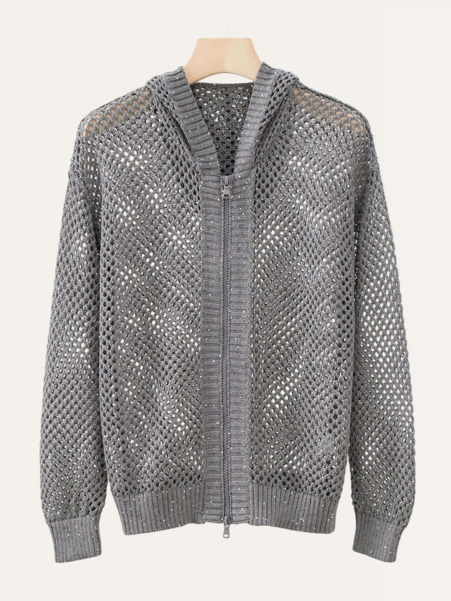 

Women's Casual Linen Knitted Hoodie Cardigan Bright Sequin Hollow out Design Comfortable Long Sve Top for Early Autumn