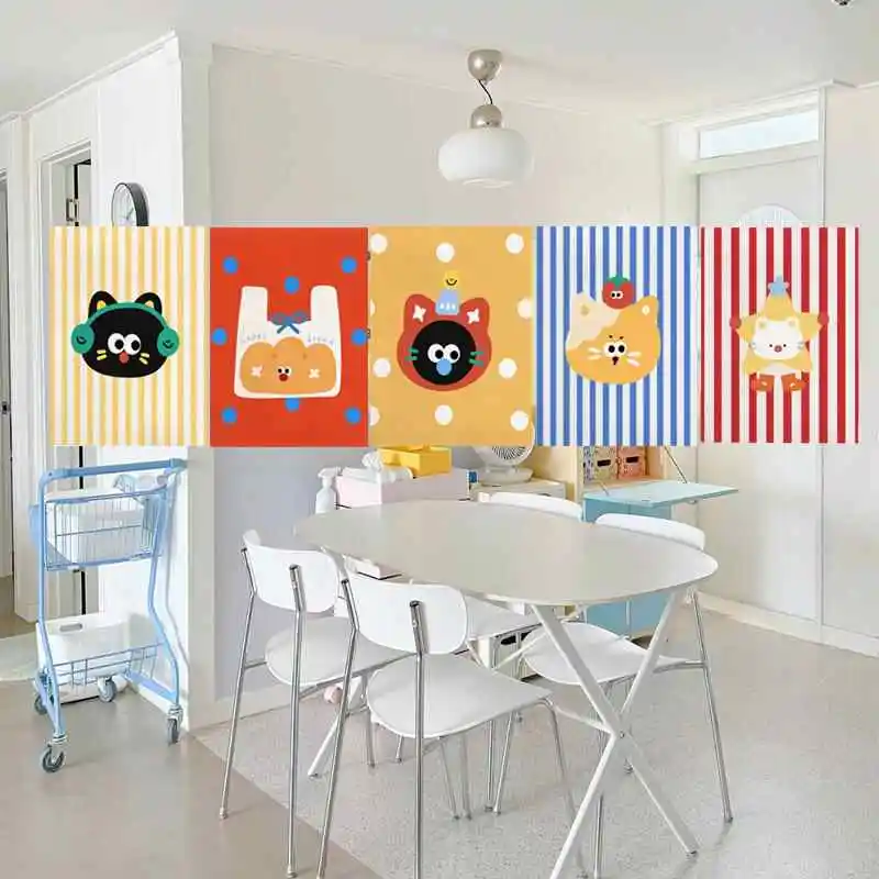 VIKAMA Polka Dot Black Cat Cartoon Single Valance Curtain Velcro Punch Free Storage Cabinet Kids Fabric Cover Curtain