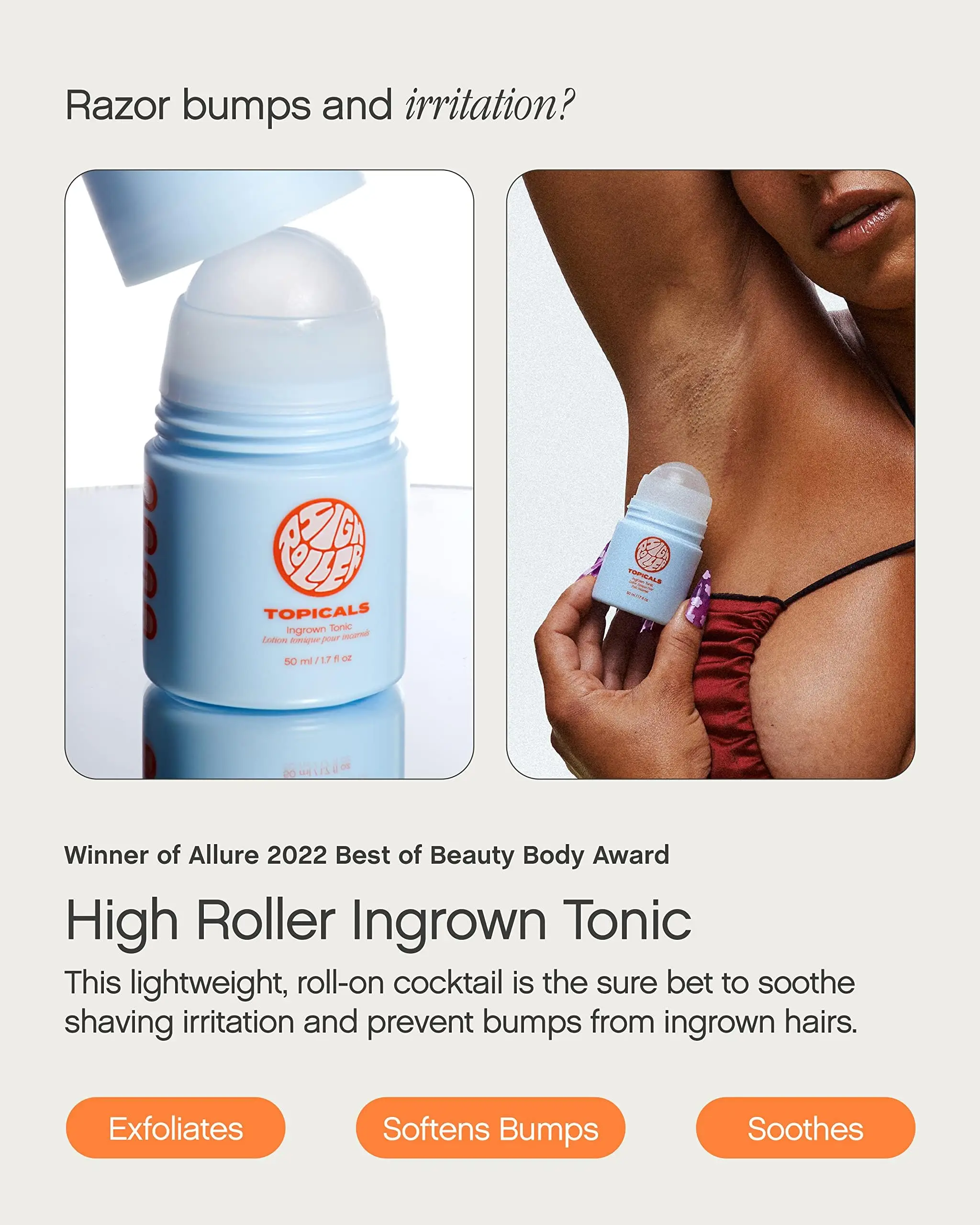 

50ML High Roller Ingrown Hair Serum Roll-on Tonic to Soothe and Calm Irritated Skin on Face Armpits and Bikini Areas Contain