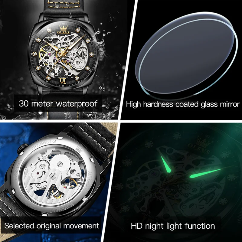 OLEVS Luxury Men Watches Automatic Mechanical Wristwatch Skeleton Design Waterproof Leather Strap Male Watch Reloj Hombre