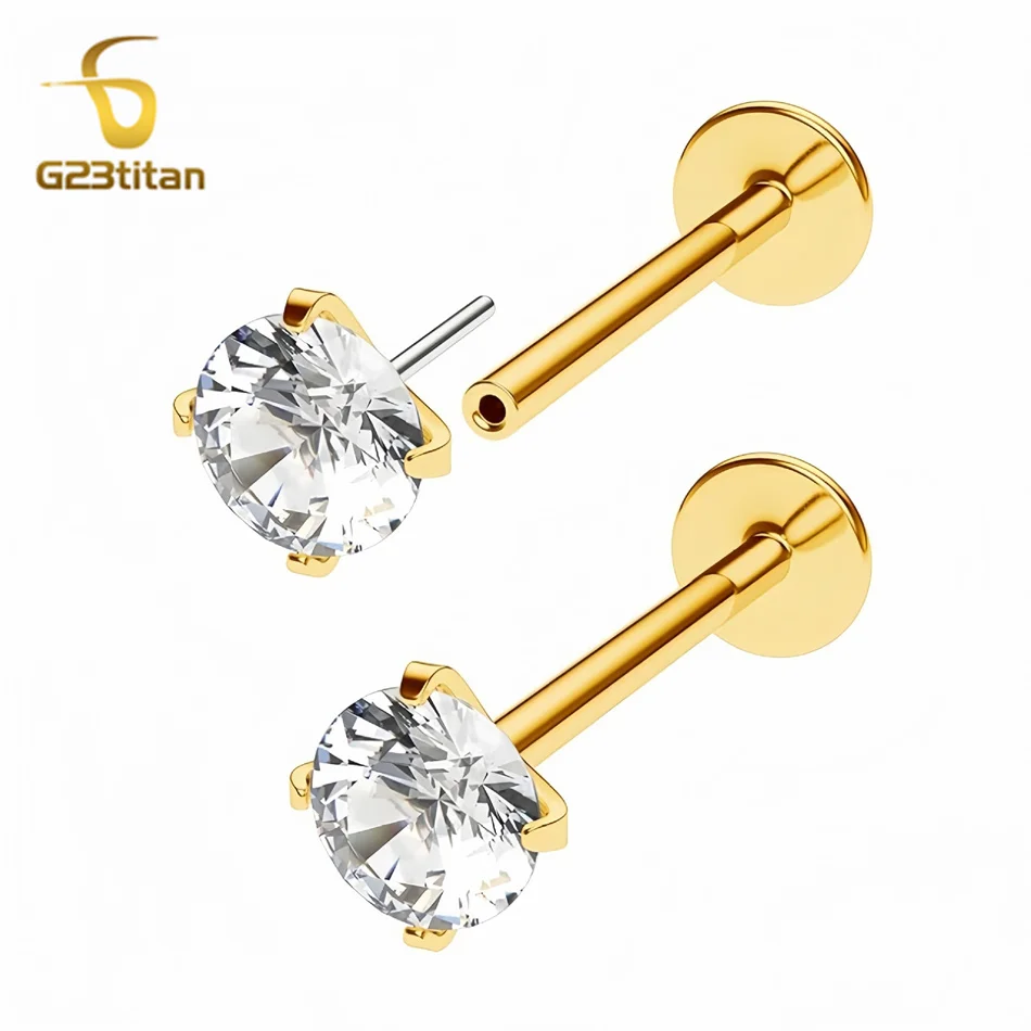 2pc G23 Titanium Push In Earrings Flat Back 20G 18G Threadless CZ Zircon Labret Lip Nose Ring Ear Helix Tragus Piercing Jewelry view 4