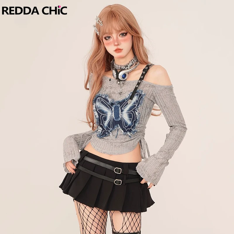 REDDACHiC Destroyed Denim Butterfly Stitch T-shirt Women Graphic Print One Shoulder Stripe-textured Retro Y2k Hotties Crop Top