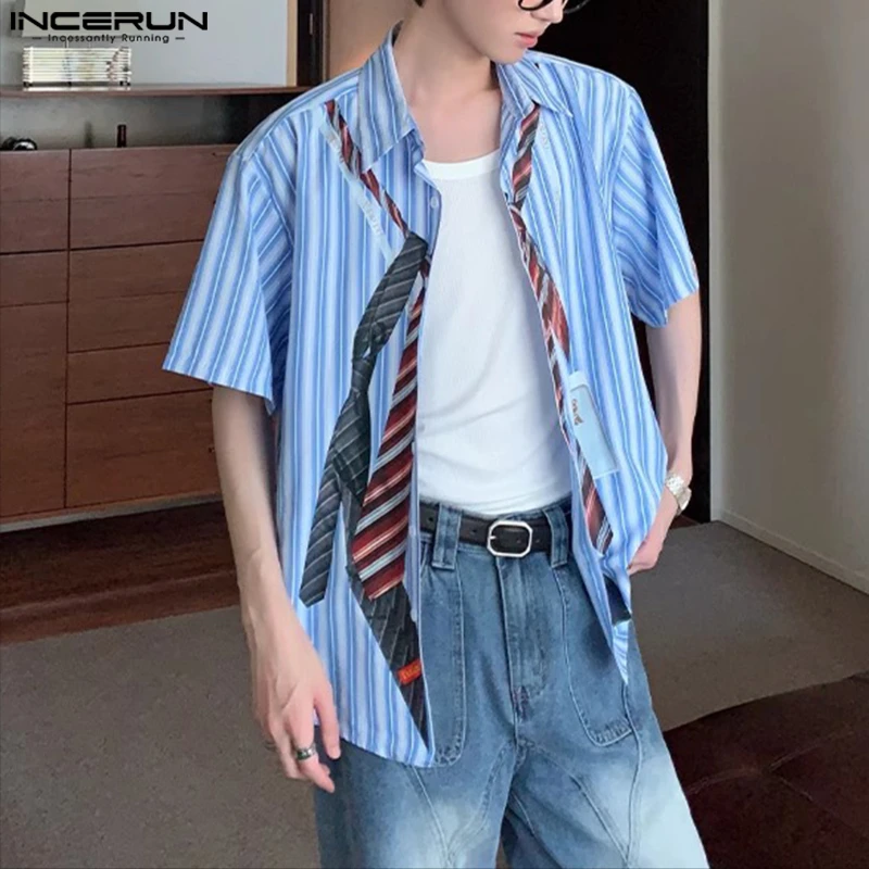 

INCERUN Men Shirt Striped Patchwork Lapel Short Sleeve Men Clothing Streetwear Loose Summer Korean Style Fashion Casual Shirts