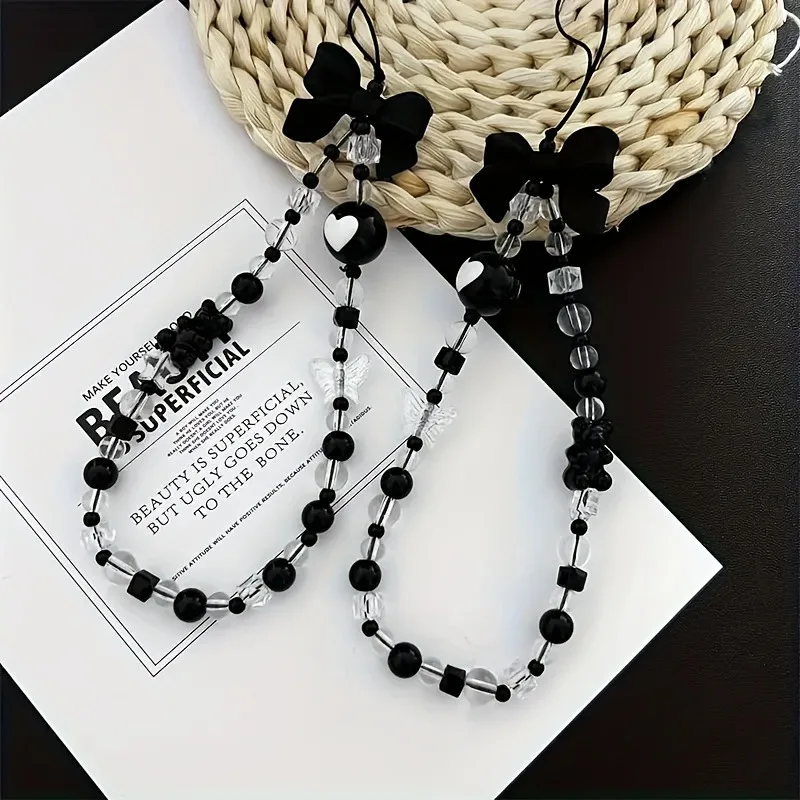 Korean Cute Black Bowknot Bear Phone Strap Charm Chain Knot Cellphone Lanyard Keychain Woman Girl Bag Camera Pendant For Case