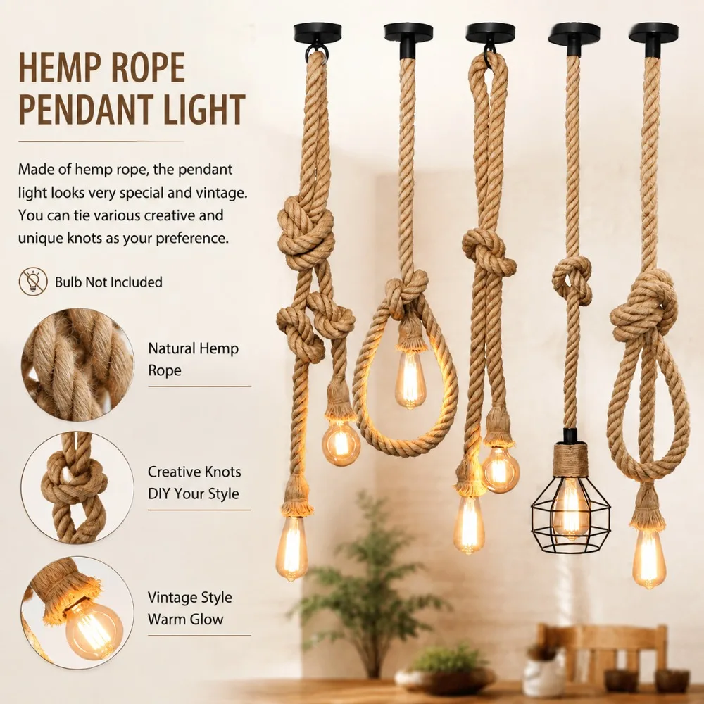 JOYINLED Vintage Hemp Rope Retro Ceiling Pendant Lamp E27 Loft Industrial Hanging Lamp Pendang Light Home Decoration DIY Decor