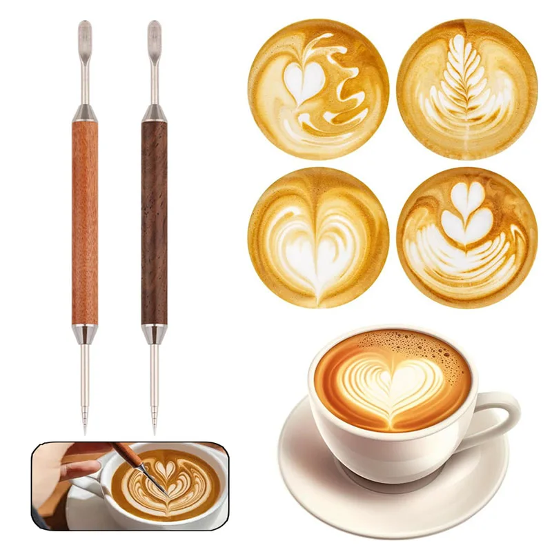 Herramienta de Doble Punta para Latte Art con Mango de Madera y Aguja de Acero Inoxidable para Baristas, Diseños de Café Espresso