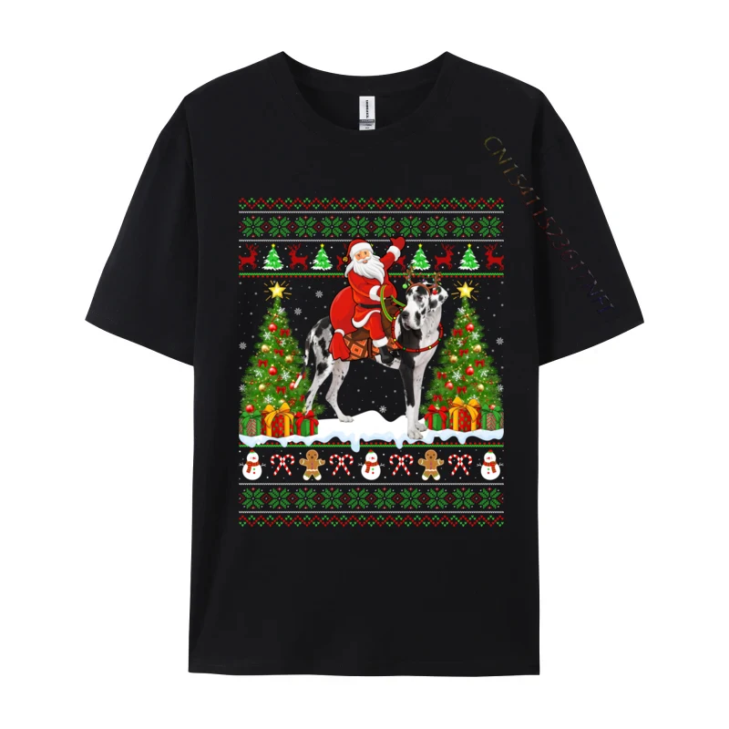 Xmas Sweater Ugly Santa Riding Great Dane Dog Christmas T Shirt Novelty Tees Classic Crew Neck T-Shirts Gift Idea Clothing