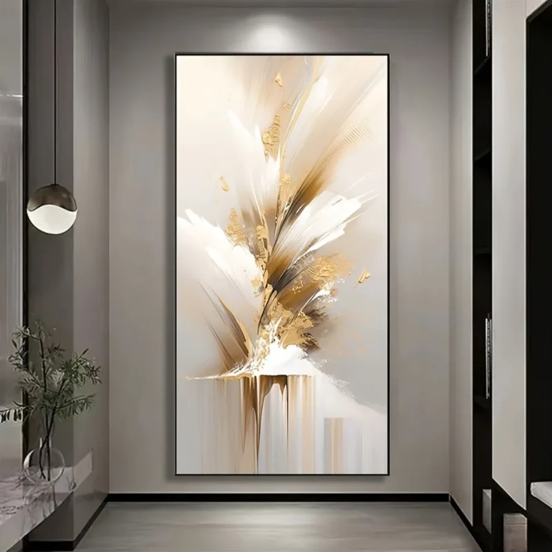Luxurious Golden and White Decor, Frameless Vertical Artwork for Home Office, Perfect for Living Room, Bedroom, Hallway Decor
