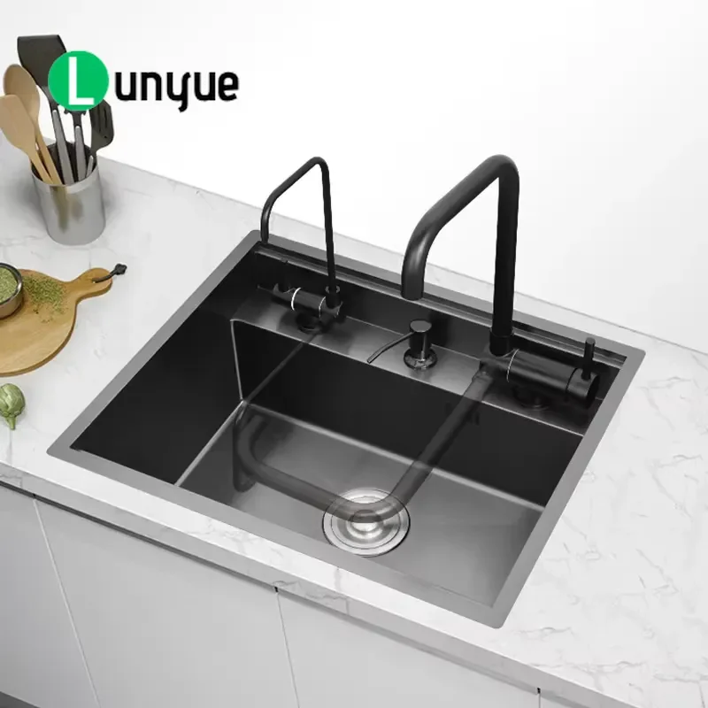 304 Stainless Steel Nano Black Single Slot Kitchen Sink Foldable Faucet Concealed Workbench Multifunctional Modern Home