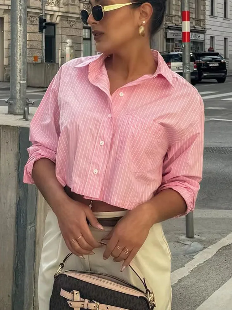 

2024 Woman Casual Loose Blouses Trendy Pink +Blue Striped Turn Down Collar Long Sleeve Shirts Cropped Tops Office Lady
