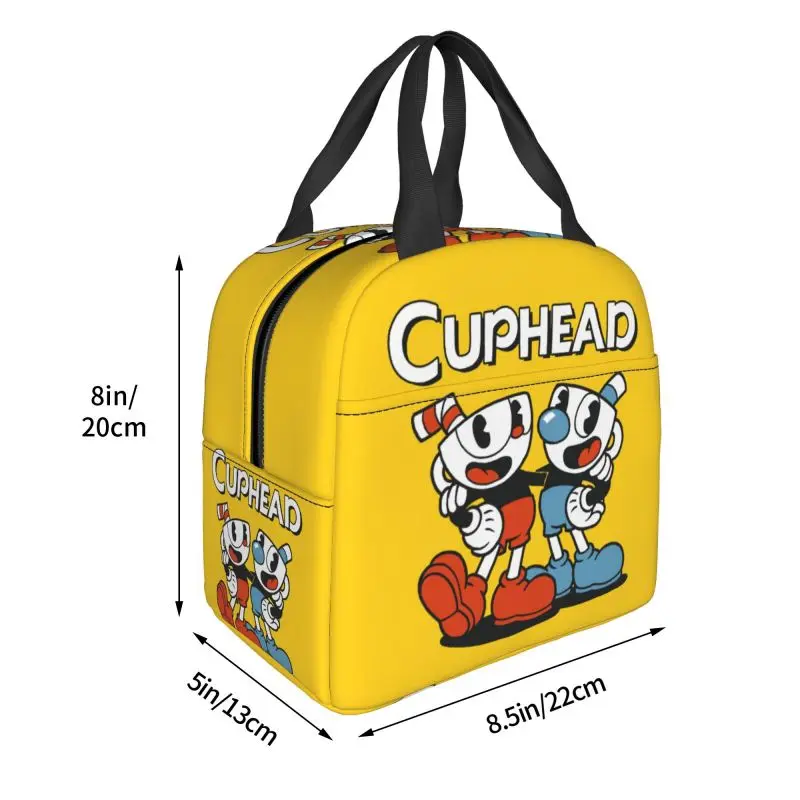 Custom Cuphead Mugman Lunch Bag Men Women Cartoon Game Thermal Cooler Insulated Lunch Box for Children School