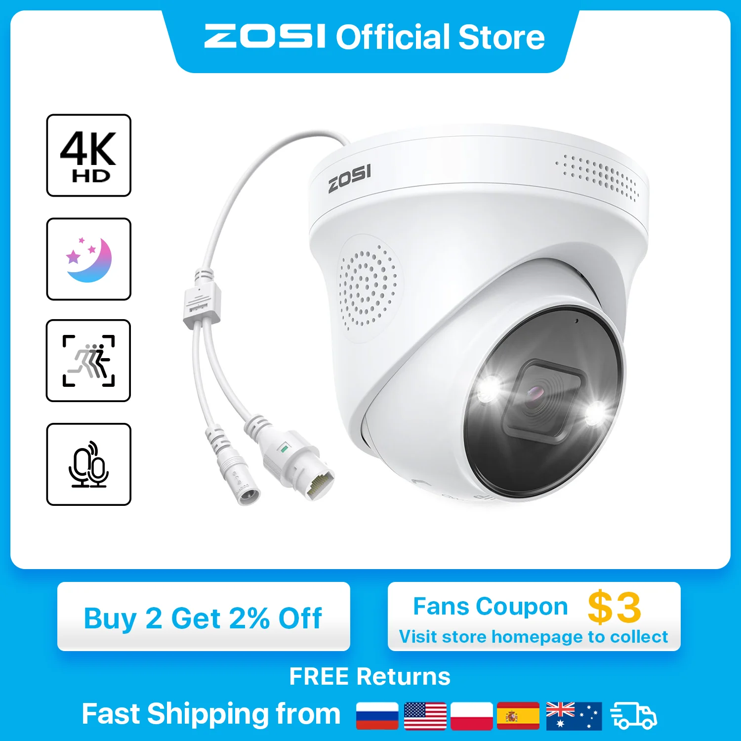 ZOSI 4K PoE IP Camera H.265+ 8MP 5MP HDR Add-on Camera AI Human Detect 100ft Night Vision IP66 Outdoor Video Surveillance Camera