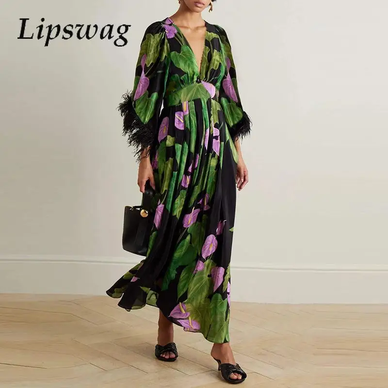 Women Pleated Floral Printed Party Dresses Bohemian Ladies Long Sleeve Waisted Dress Sexy Stitching Feather V-Neck Long Dress