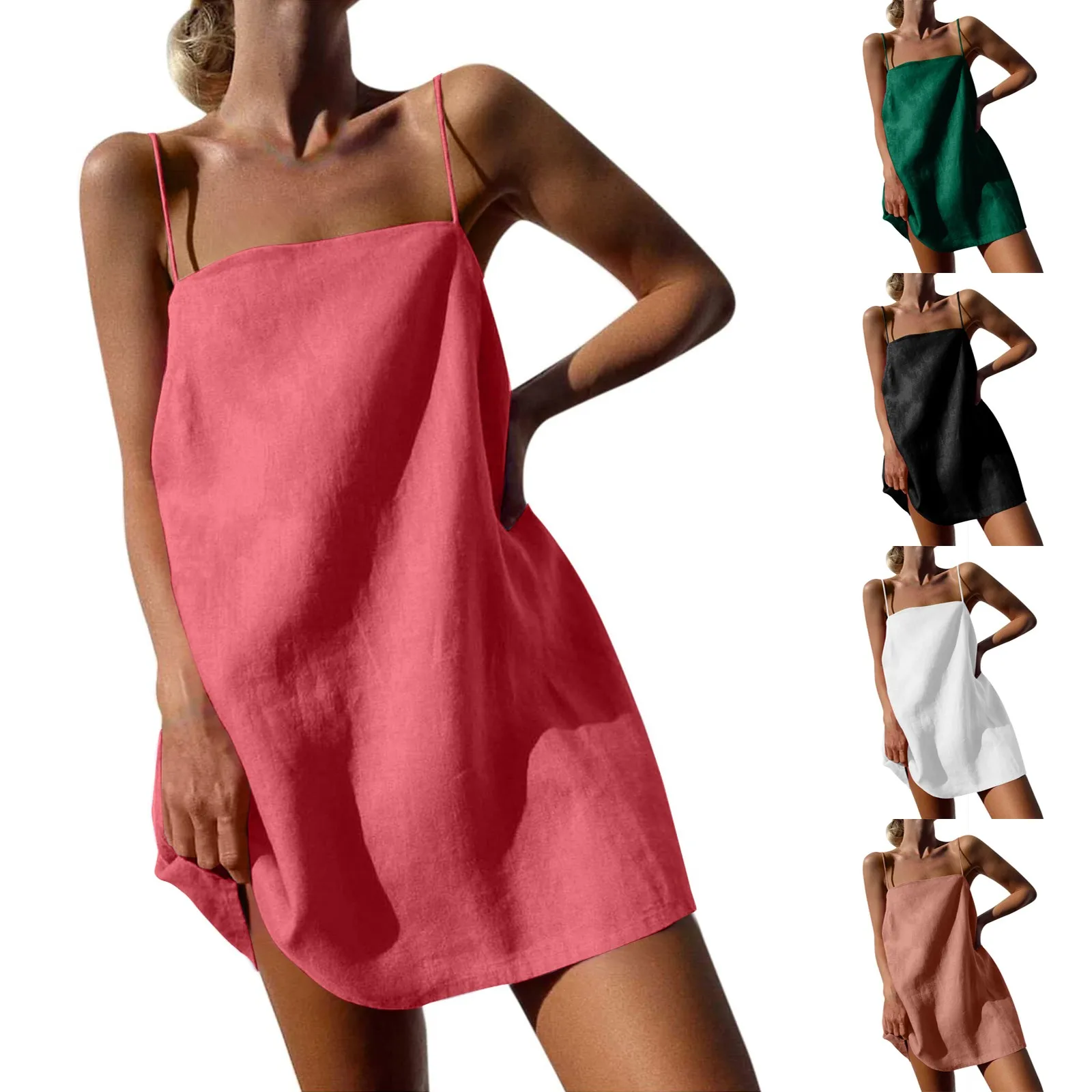 Women's Casual Spaghetti Strap Dress Solid Color Sleeveless Mini Dress Summer Beach Loose Swing Dresses Cotton Linen Robe