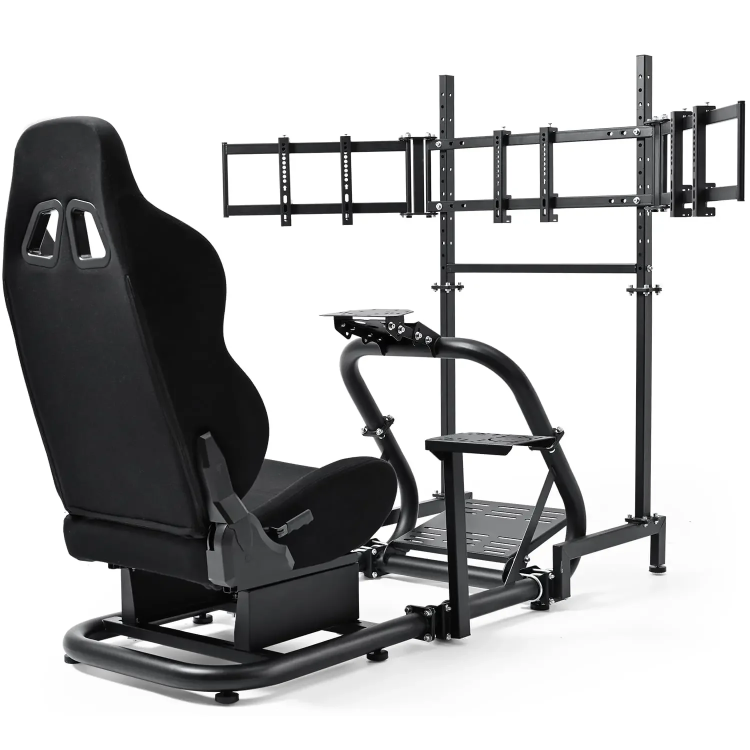 Racing Simulator: Triple Monitor Stand, Black Seat, Compatible with Logitech/Thrustmaster/Fanatec (No Wheel/Pedal/Handbrake)