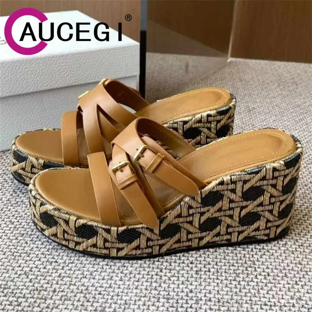 

Aucegi/2021, роскошные летние женские тапочки на платформе, на танкетке, уличные трендовые новые сандалии с пряжкой, брендовая дизайнерская модельная повседневная обувь