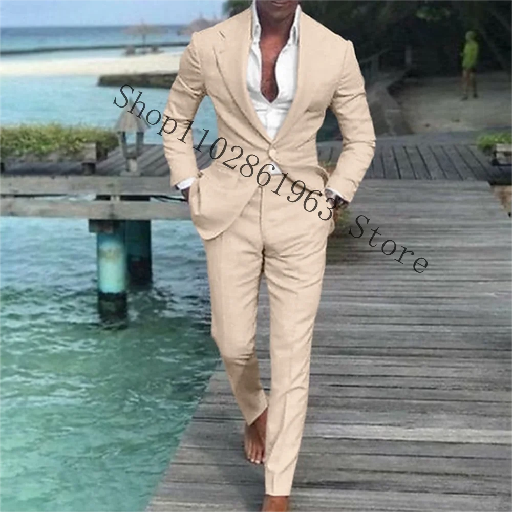 

Latest Coat Pants Designs Beige Men Suit Prom Tuxedos Slim Fit 2 Piece Groom Wedding Suits For Men Custom Blazer Terno Masuclino