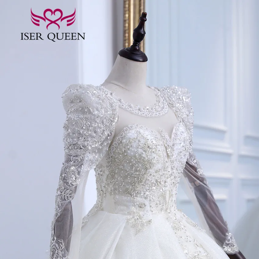 カスタマイズされたパフスリーブ夜会服のウェディングドレスアイボリーシャンパンカラーヘビービーズギルターチュールウェディングドレス結婚WX0306