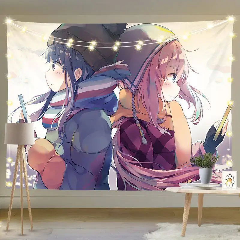 Cute Cartoon Yuru Camp Wall Tapestry Decorative Hanging for Dormitory Bedroom Ideal for Rental Spaces Renovation