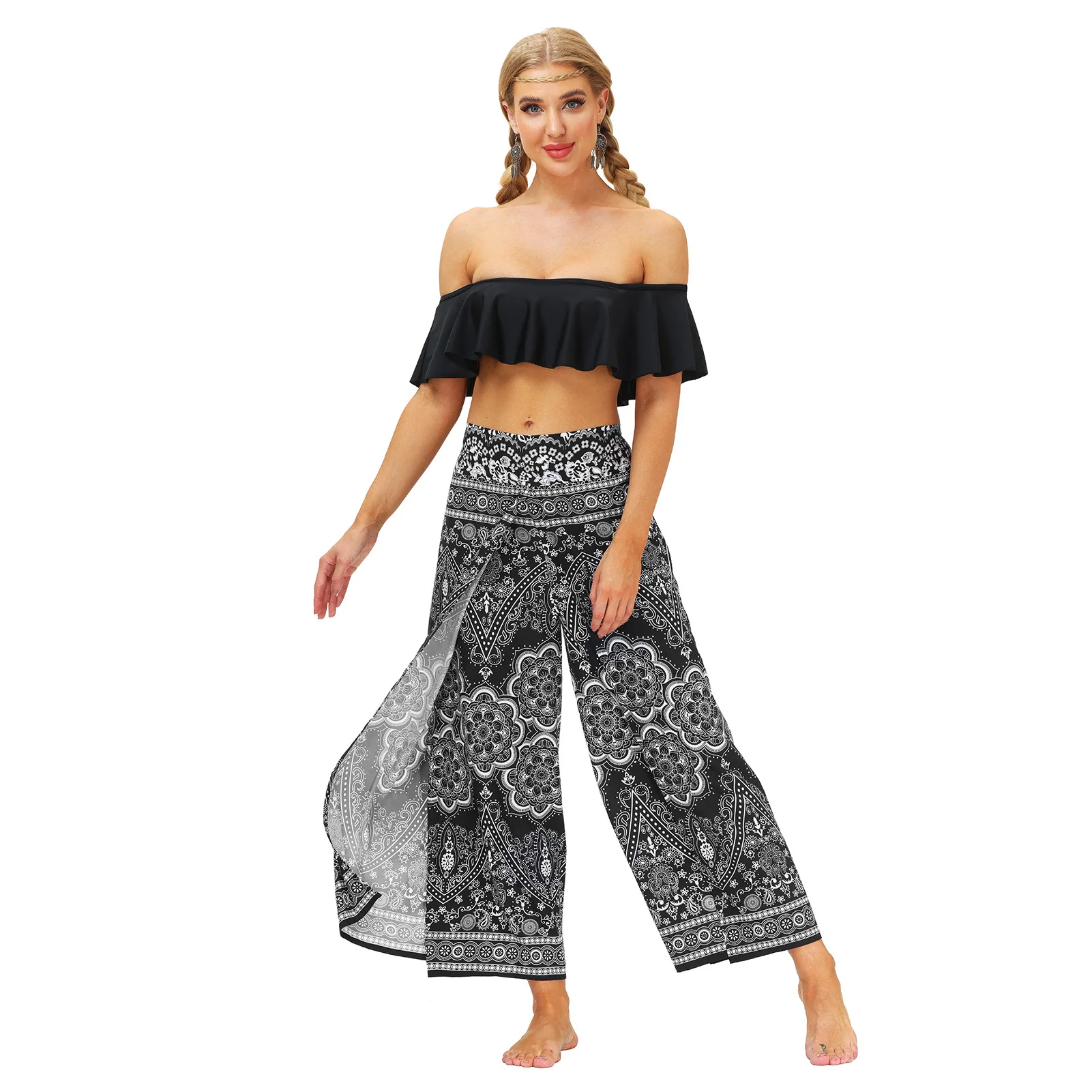 Women Split Wide Leg Elastic Waist Boho Harem Pants Palazzo Split Loose Yoga Trousers