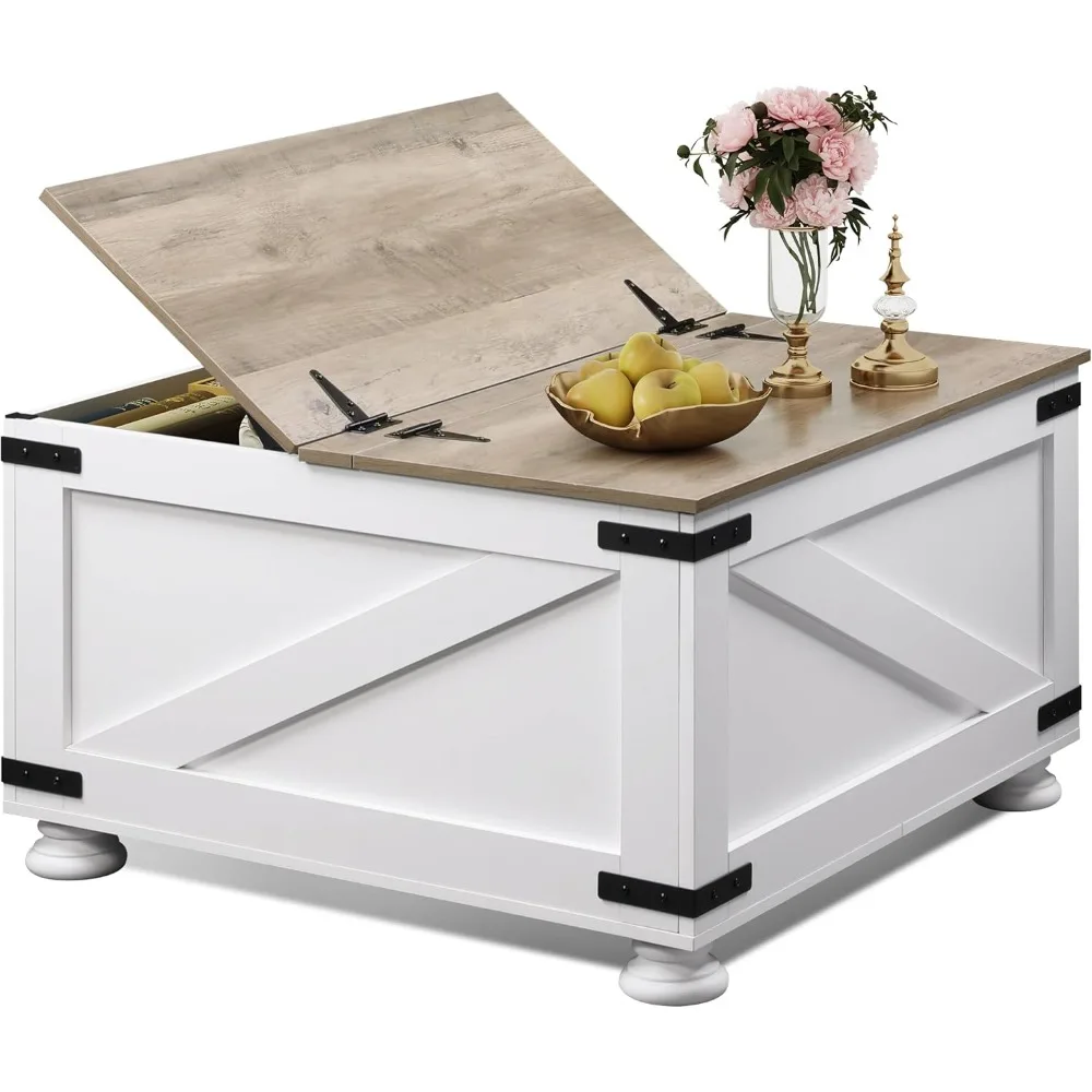 

Farmhouse Coffee Table, 31.5 Square Wood Center Table with Flip-Top Lids and Large Hidden Storage Compartment for Living R
